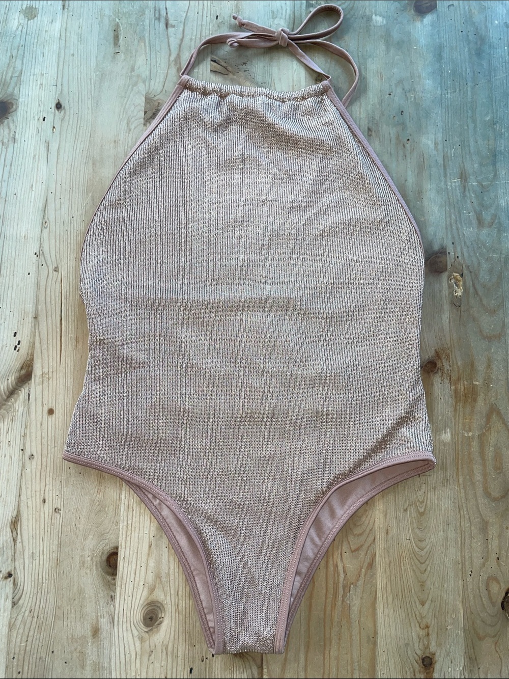 Sam Edelman Rose Gold Metallic Mesh Halter Sexy Sporty Glam Open Back Swimsuit